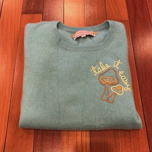 Lingua Franca mushroom Embroidered Cashmere Sweater short sleeve XL Take it easy - Picture 10 of 10